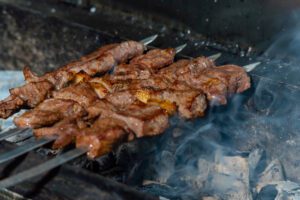 Beef,Kebab,Wrapped,On,Charcoal.,Juicy,Barbecue,Beef,Steaks,Are